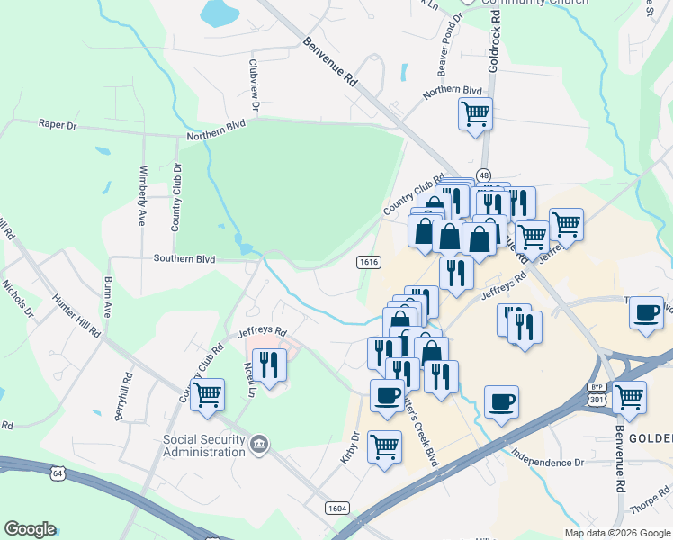 map of restaurants, bars, coffee shops, grocery stores, and more near 106 Whispering Pines Drive in Rocky Mount