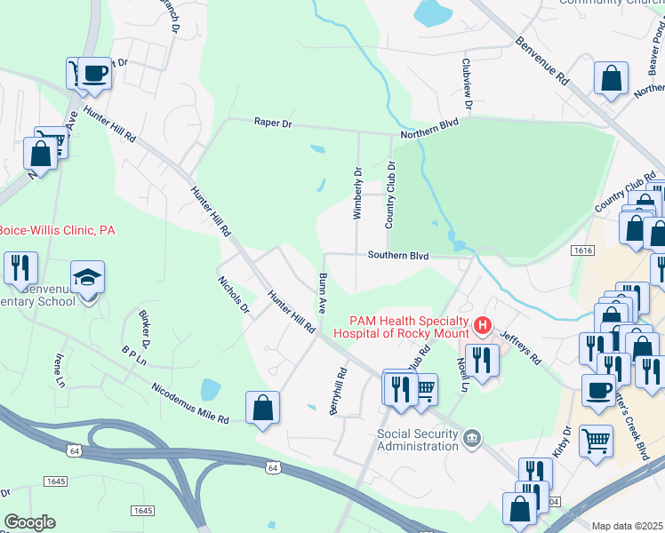 map of restaurants, bars, coffee shops, grocery stores, and more near 103 Bunn Avenue in Rocky Mount