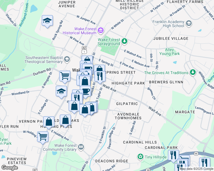 map of restaurants, bars, coffee shops, grocery stores, and more near 414 Wait Avenue in Wake Forest