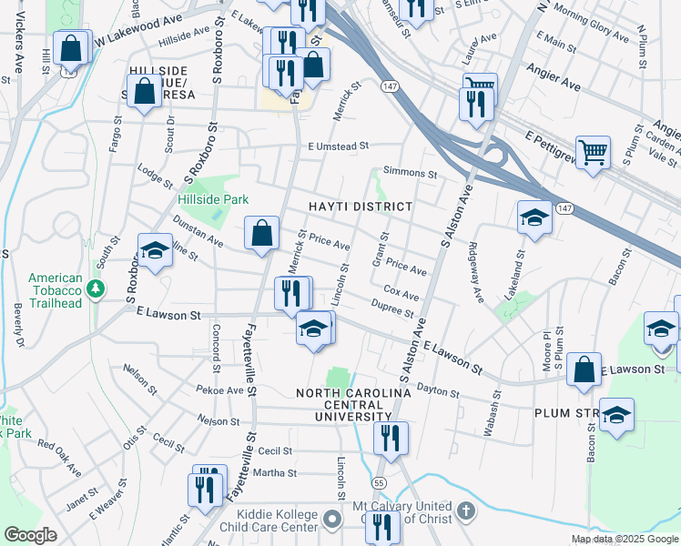 map of restaurants, bars, coffee shops, grocery stores, and more near 1608 Lincoln Street in Durham