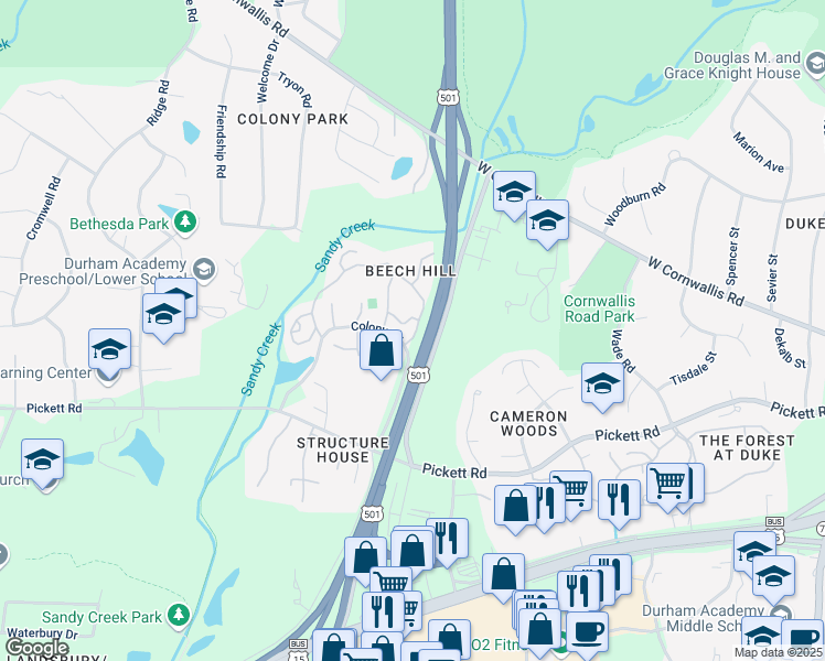 map of restaurants, bars, coffee shops, grocery stores, and more near 15 Marchmont Court in Durham