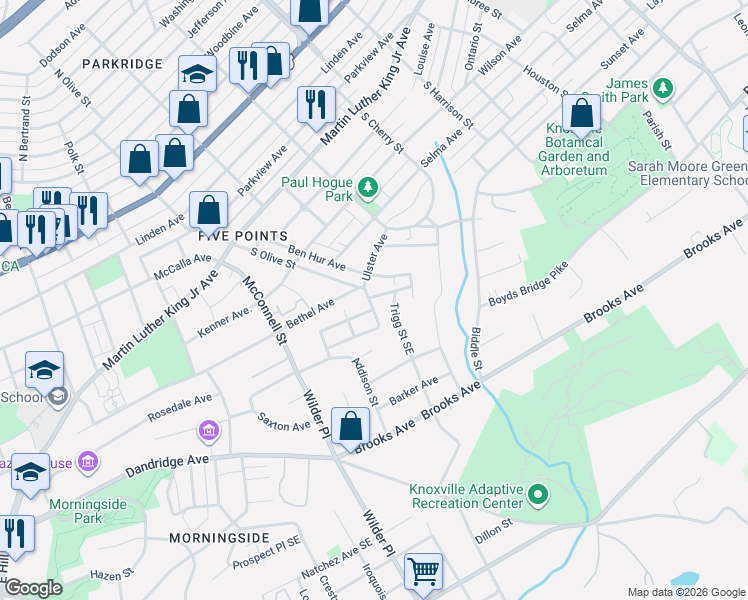 map of restaurants, bars, coffee shops, grocery stores, and more near 1105 Trigg Street Southeast in Knoxville