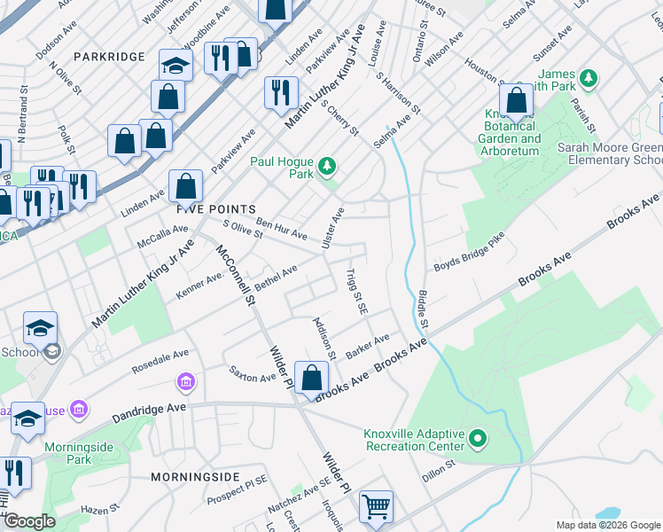 map of restaurants, bars, coffee shops, grocery stores, and more near 1105 Trigg Street Southeast in Knoxville
