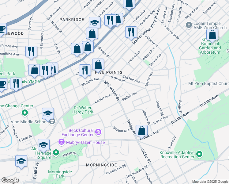 map of restaurants, bars, coffee shops, grocery stores, and more near 383 McConnell Street in Knoxville