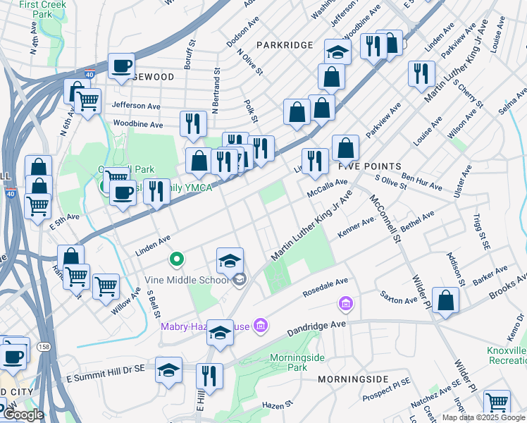 map of restaurants, bars, coffee shops, grocery stores, and more near 110 South Cruze Street in Knoxville