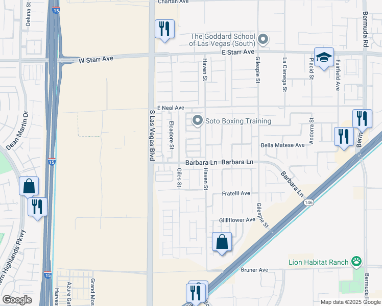 map of restaurants, bars, coffee shops, grocery stores, and more near 65 Dutch Colony Avenue in Las Vegas