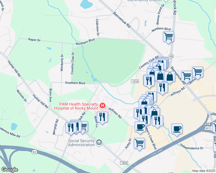 map of restaurants, bars, coffee shops, grocery stores, and more near 1417 Country Club Road in Rocky Mount