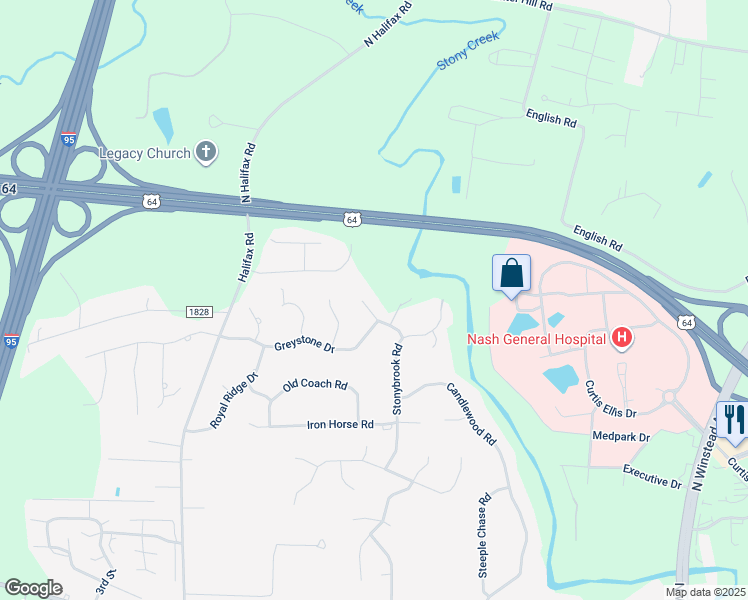 map of restaurants, bars, coffee shops, grocery stores, and more near 113 Ashcroft Court in Rocky Mount