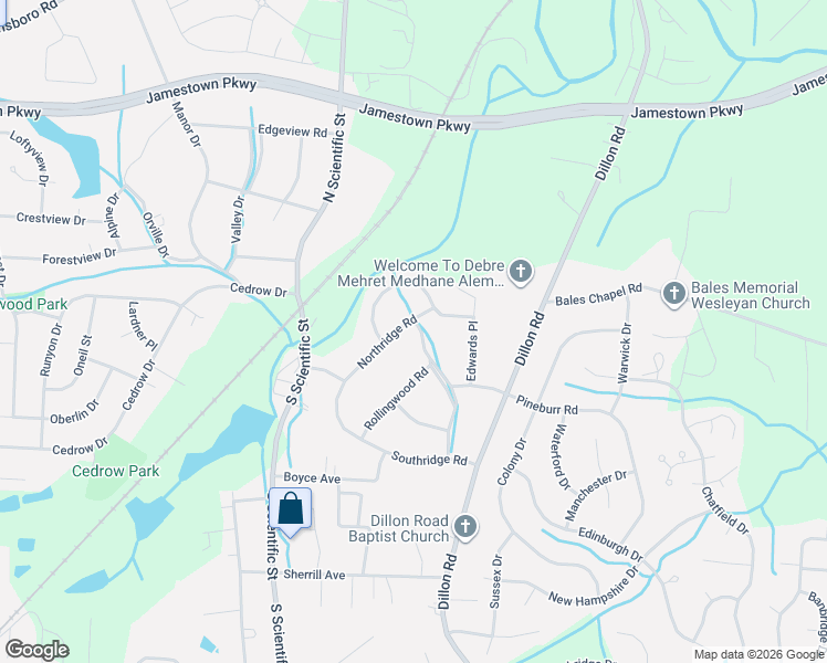 map of restaurants, bars, coffee shops, grocery stores, and more near 303 Valleybrook Drive in Jamestown