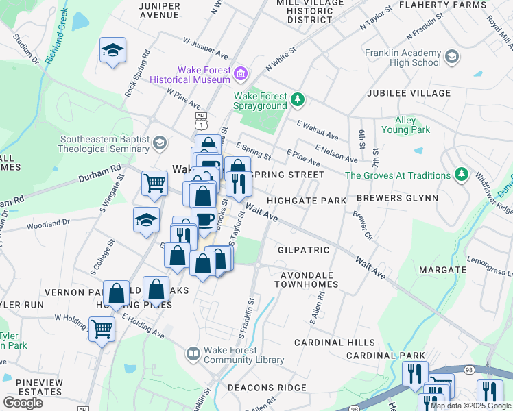 map of restaurants, bars, coffee shops, grocery stores, and more near 417 Wait Avenue in Wake Forest