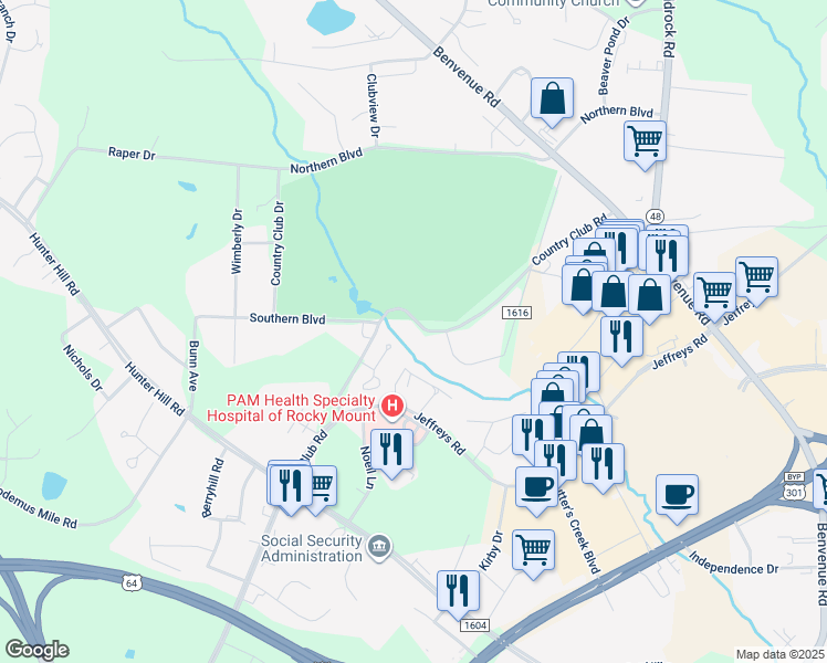 map of restaurants, bars, coffee shops, grocery stores, and more near 1417 Country Club Road in Rocky Mount