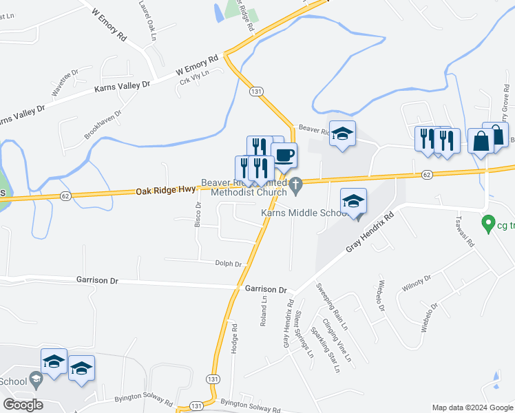 map of restaurants, bars, coffee shops, grocery stores, and more near 8675 Tervada Drive in Knoxville
