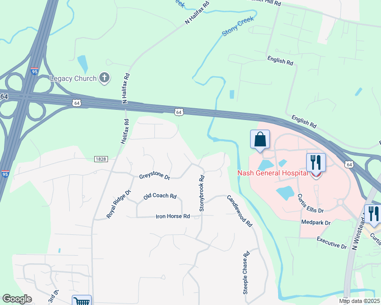 map of restaurants, bars, coffee shops, grocery stores, and more near 113 Ashcroft Court in Rocky Mount