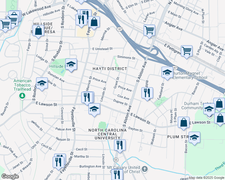 map of restaurants, bars, coffee shops, grocery stores, and more near 1208 Grant Street in Durham