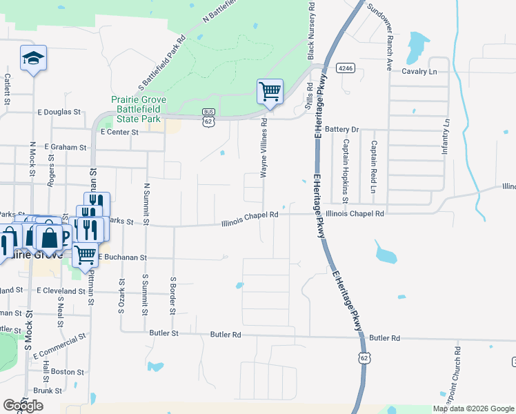 map of restaurants, bars, coffee shops, grocery stores, and more near 846-898 Illinois Chapel Road in Prairie Grove