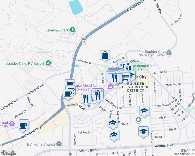 map of restaurants, bars, coffee shops, grocery stores, and more near 1620 Arizona Street in Boulder City