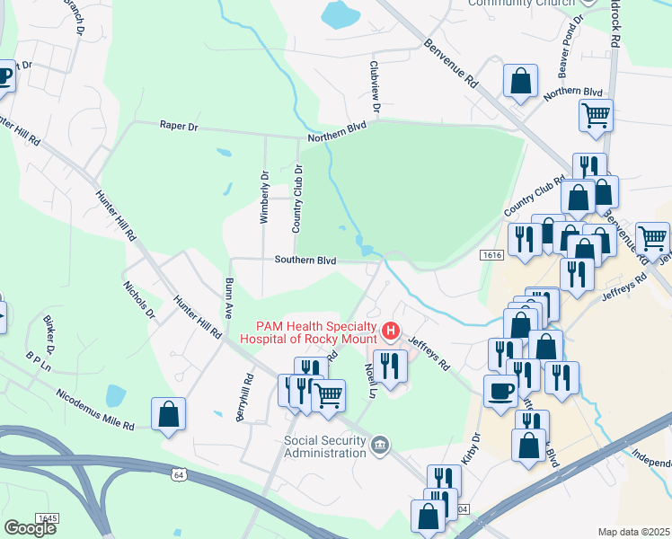 map of restaurants, bars, coffee shops, grocery stores, and more near 115 Southern Boulevard in Rocky Mount