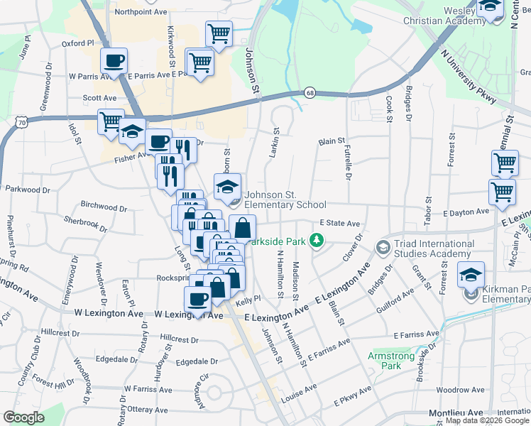 map of restaurants, bars, coffee shops, grocery stores, and more near 1520 Johnson Street in High Point