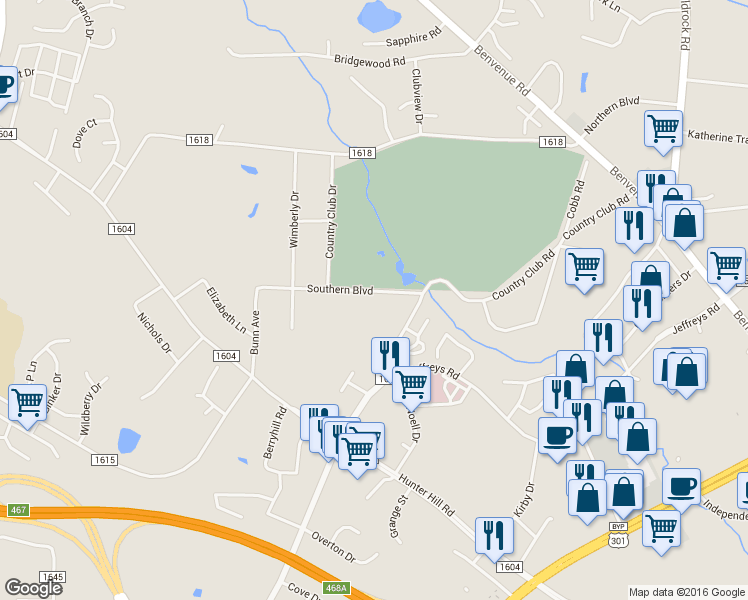 map of restaurants, bars, coffee shops, grocery stores, and more near 115 Southern Boulevard in Rocky Mount