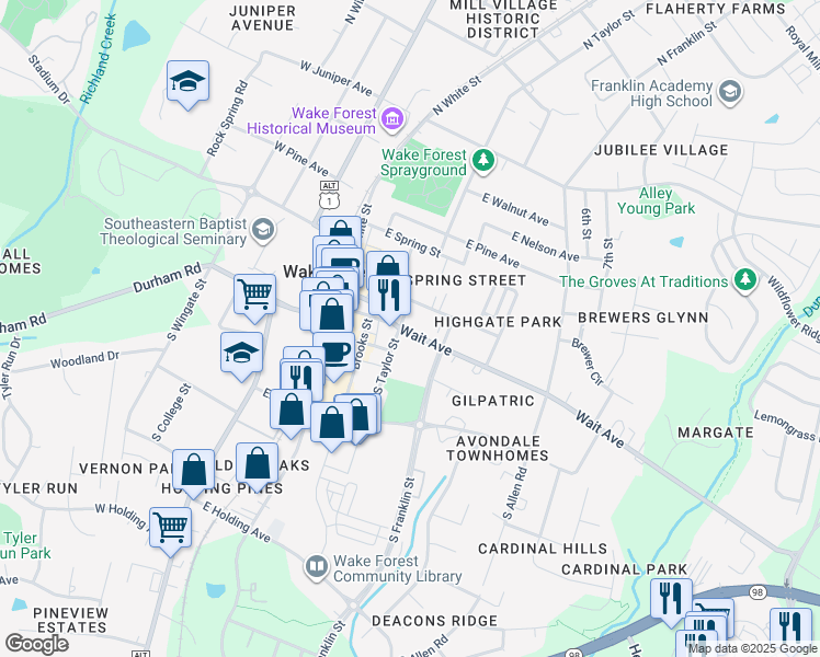 map of restaurants, bars, coffee shops, grocery stores, and more near 421 Wait Avenue in Wake Forest