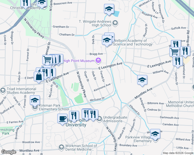 map of restaurants, bars, coffee shops, grocery stores, and more near 1213 Delk Drive in High Point