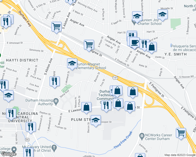 map of restaurants, bars, coffee shops, grocery stores, and more near 613 Bacon Street in Durham