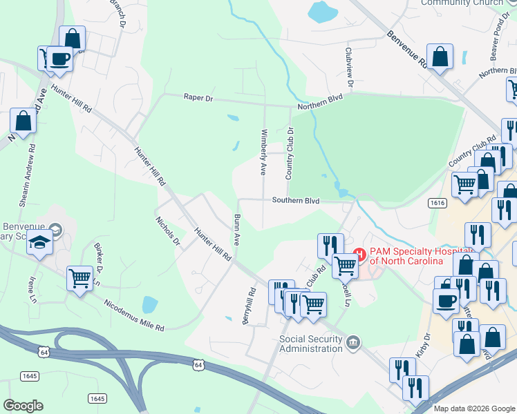 map of restaurants, bars, coffee shops, grocery stores, and more near 106-198 Wimberly Drive in Rocky Mount