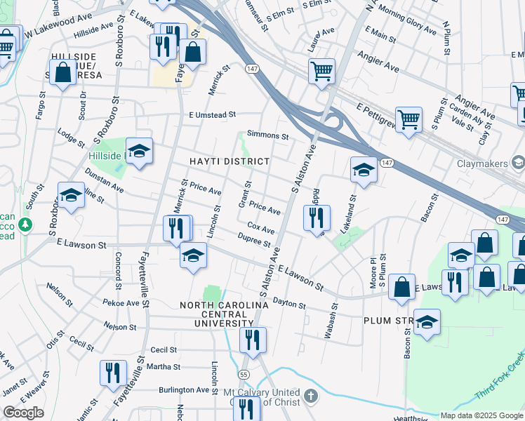 map of restaurants, bars, coffee shops, grocery stores, and more near 902 Price Avenue in Durham