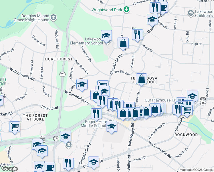 map of restaurants, bars, coffee shops, grocery stores, and more near in Durham