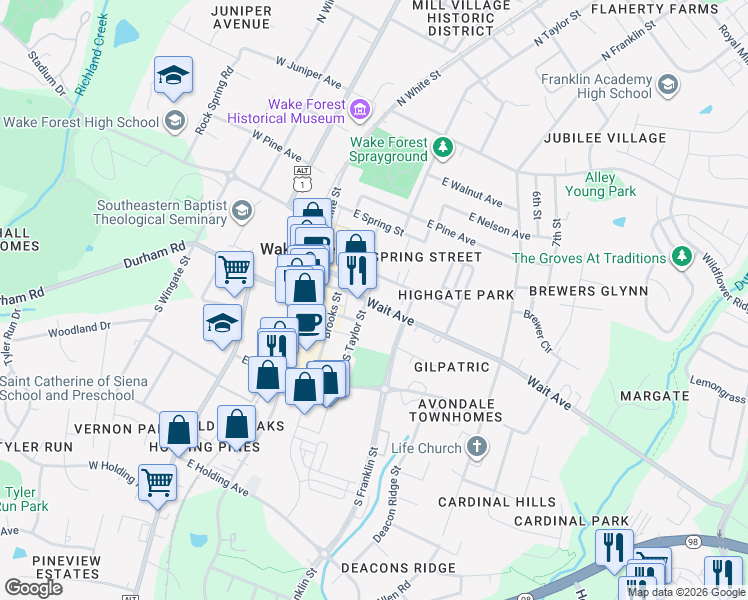 map of restaurants, bars, coffee shops, grocery stores, and more near 415 Wait Avenue in Wake Forest