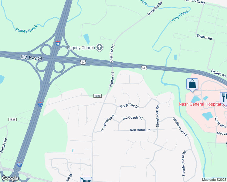 map of restaurants, bars, coffee shops, grocery stores, and more near 117 Southwick Court in Rocky Mount