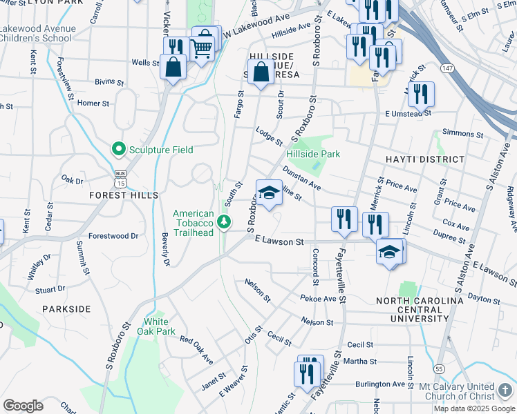 map of restaurants, bars, coffee shops, grocery stores, and more near 1531 South Roxboro Street in Durham