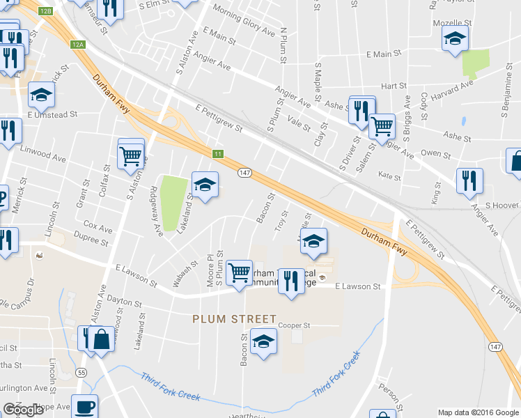 map of restaurants, bars, coffee shops, grocery stores, and more near 614 Bacon Street in Durham
