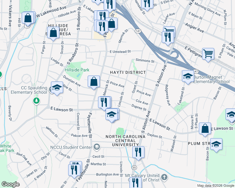 map of restaurants, bars, coffee shops, grocery stores, and more near 1608 Lincoln Street in Durham