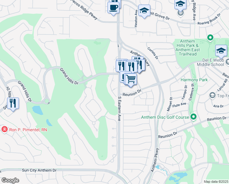 map of restaurants, bars, coffee shops, grocery stores, and more near 2599 San Giorgio Circle in Henderson