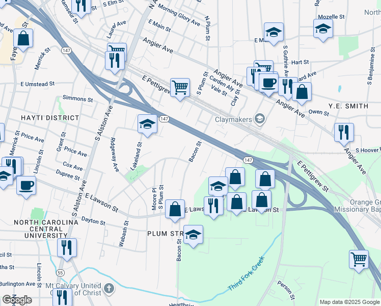 map of restaurants, bars, coffee shops, grocery stores, and more near 614 Bacon Street in Durham