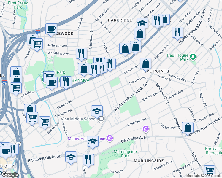 map of restaurants, bars, coffee shops, grocery stores, and more near 110 South Cruze Street in Knoxville