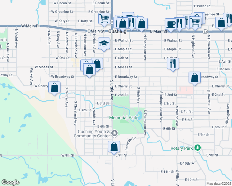 map of restaurants, bars, coffee shops, grocery stores, and more near 218 South Little Avenue in Cushing