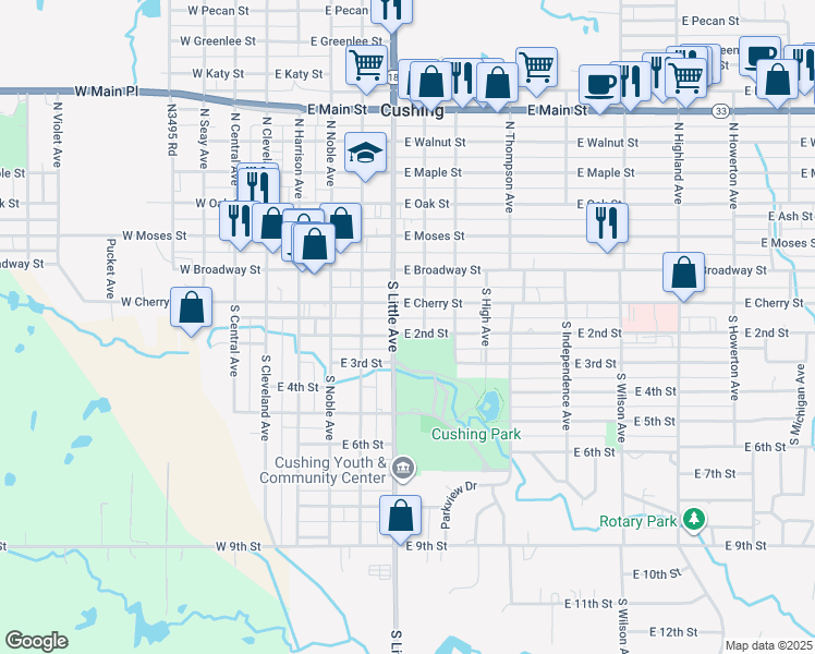 map of restaurants, bars, coffee shops, grocery stores, and more near 218 South Little Avenue in Cushing