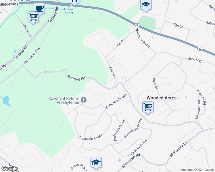 map of restaurants, bars, coffee shops, grocery stores, and more near 2834 Barnard Road in Knoxville