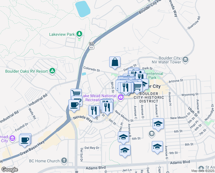 map of restaurants, bars, coffee shops, grocery stores, and more near 1620 Arizona Street in Boulder City
