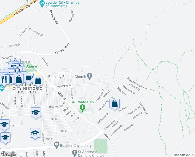 map of restaurants, bars, coffee shops, grocery stores, and more near 516 Don Vincente Court in Boulder City