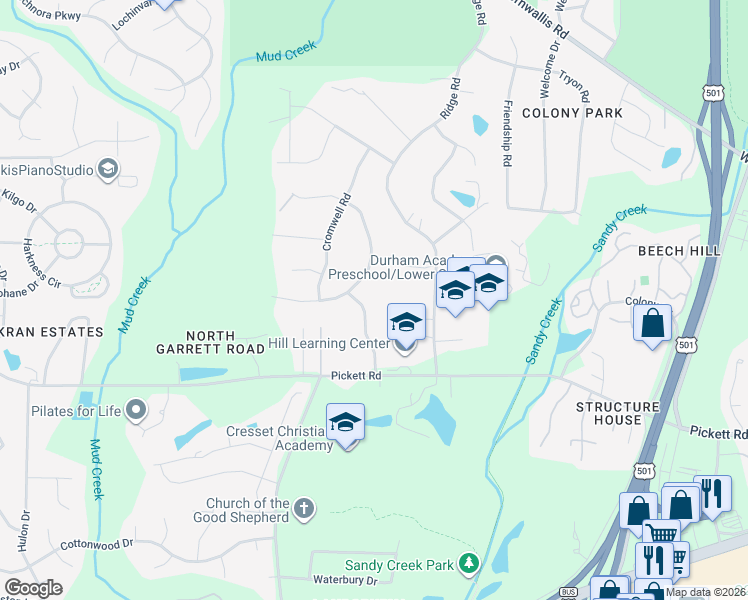 map of restaurants, bars, coffee shops, grocery stores, and more near 3518 Ridge Road in Durham