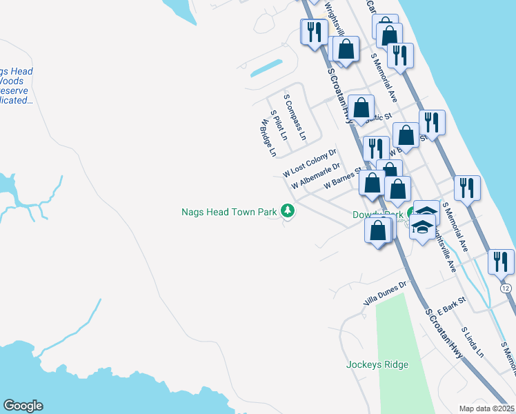 map of restaurants, bars, coffee shops, grocery stores, and more near 425 Health Center Drive in Nags Head