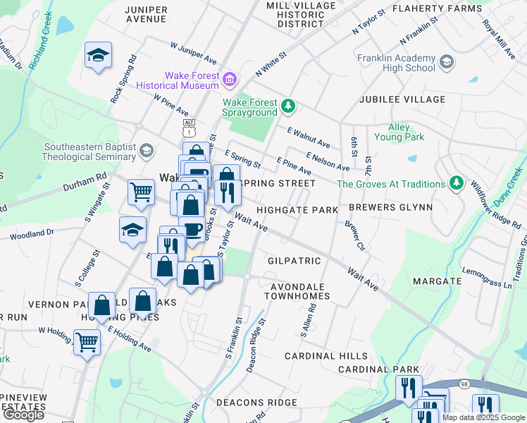 map of restaurants, bars, coffee shops, grocery stores, and more near 435 Wait Avenue in Wake Forest