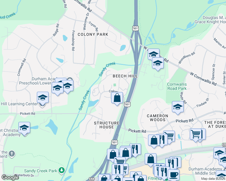 map of restaurants, bars, coffee shops, grocery stores, and more near 7 Whitburn Place in Durham