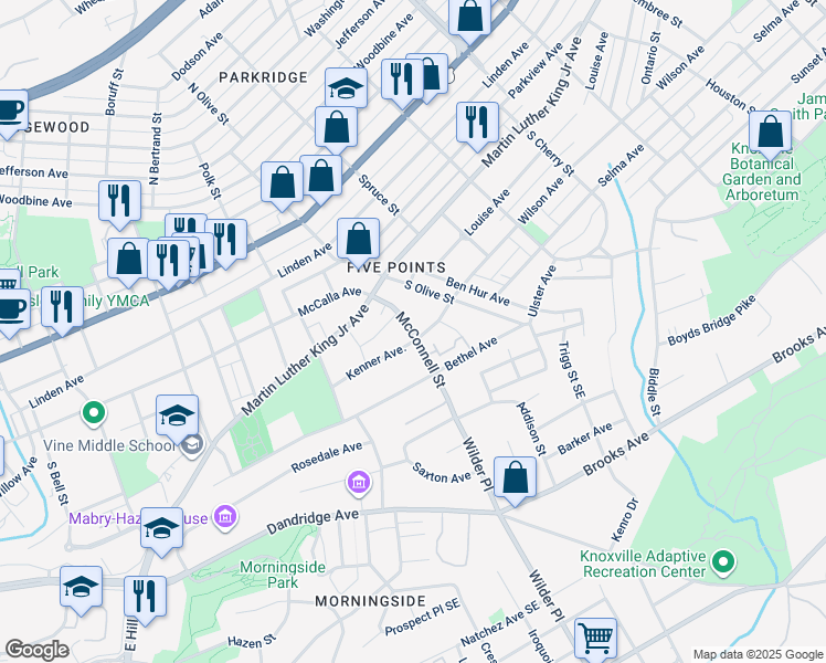 map of restaurants, bars, coffee shops, grocery stores, and more near 2043 298 Bethel Avenue in Knoxville