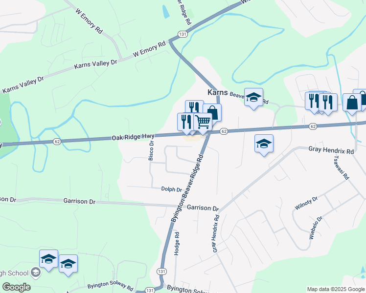 map of restaurants, bars, coffee shops, grocery stores, and more near 8609 Royal Oaks Drive in Knoxville