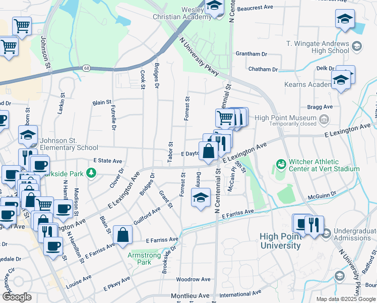 map of restaurants, bars, coffee shops, grocery stores, and more near 905 East Lexington Avenue in High Point