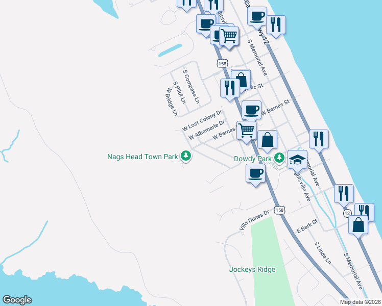 map of restaurants, bars, coffee shops, grocery stores, and more near 2808 South Lost Colony Drive in Nags Head